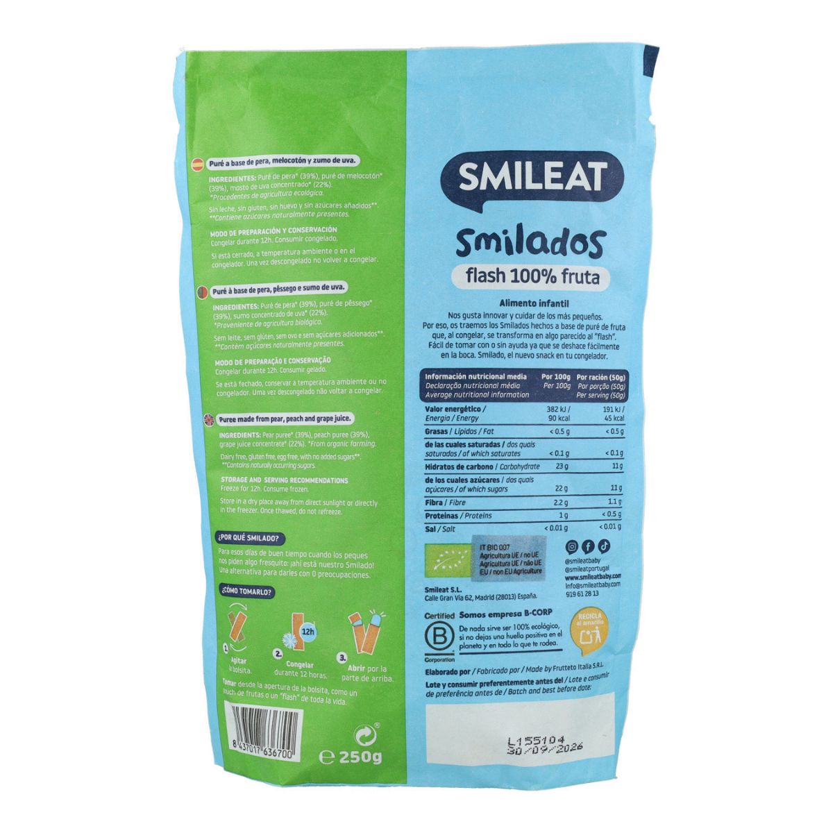 SMILADO pera y melocotón ecológico, helado flash infantil 100% fruta SMILEAT