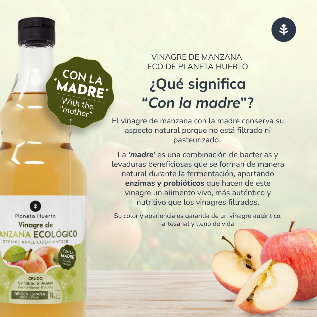 Pack 6 x Vinagre de manzana ECO crudo sin filtrar con la madre Planeta Huerto 1L