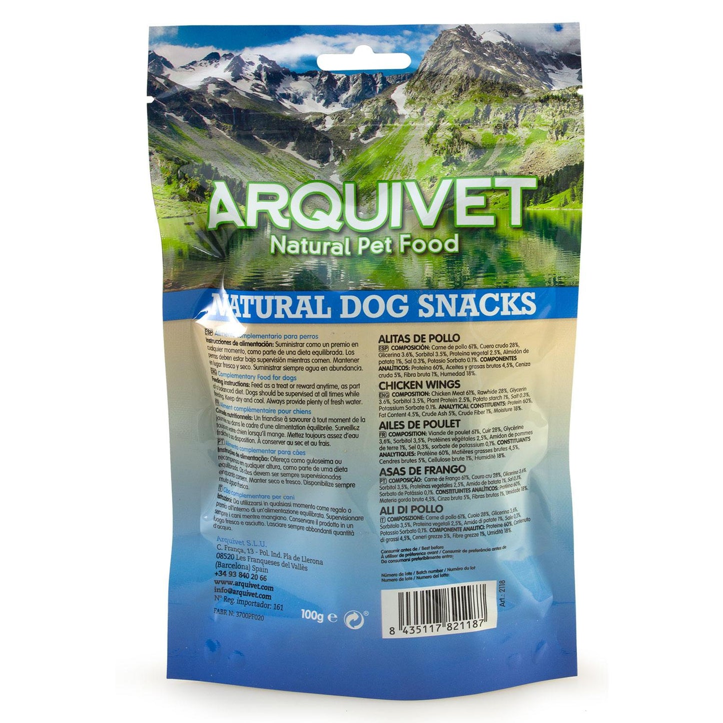 Snack natural para perros Alitas de pollo Arquivet 100gr