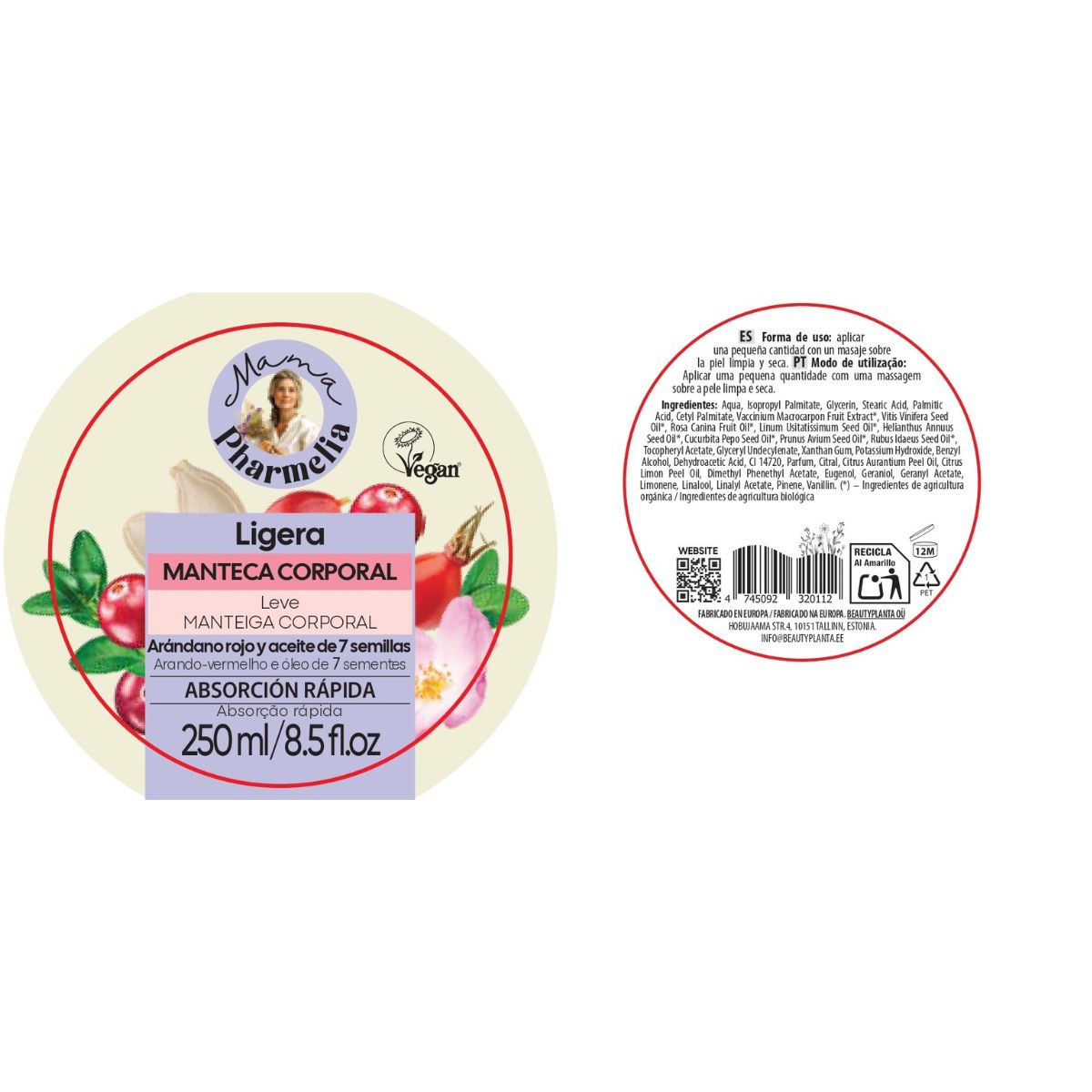 Manteca Corporal Ligera con Arándano Rojo y Aceite de 7 Semillas, Mama Pharmelia, 250 ml