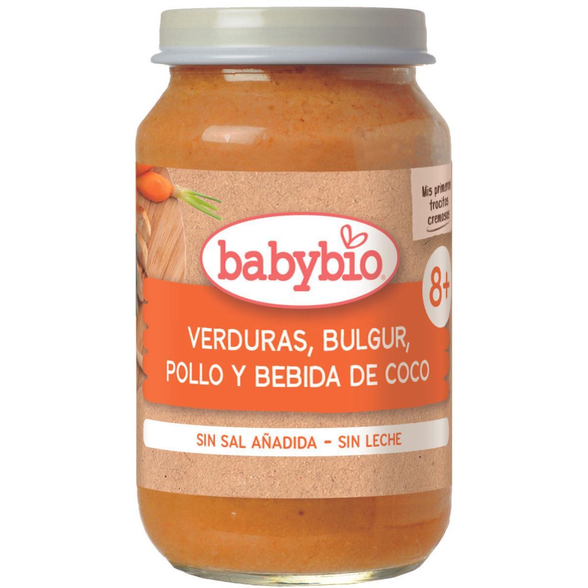 Pack 3 unidades trocitos de verduras, bulgur, pollo y bebida de coco Babybio 200 g