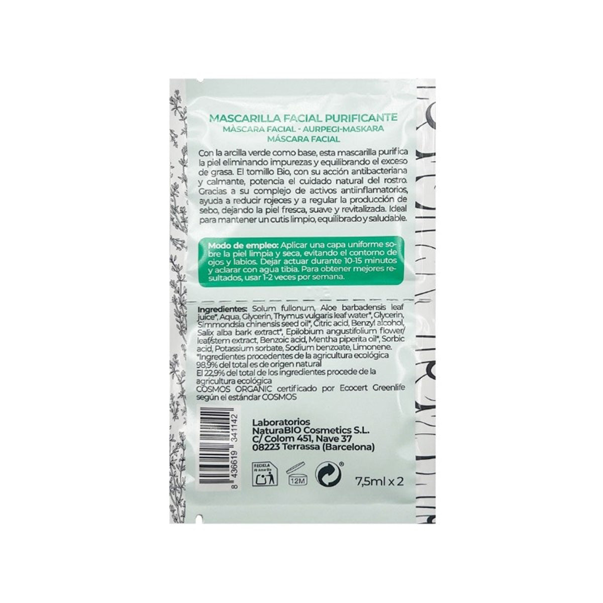 Mascarilla facial purificante Naturabio 2 x 7,5 ml