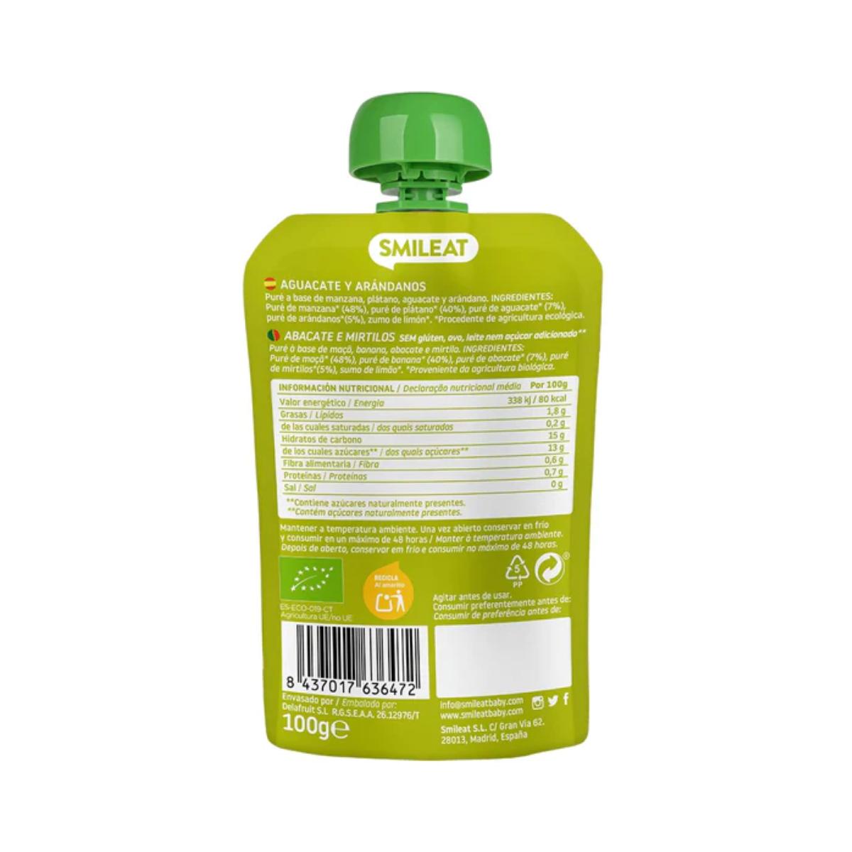 Pack 10 uds Pouches Aguacate y Arándanos ECO Smileat 100gr