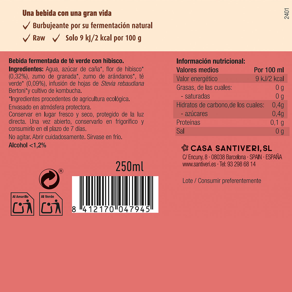 Santiveri Organic Hibiscus Kombucha 250 ml