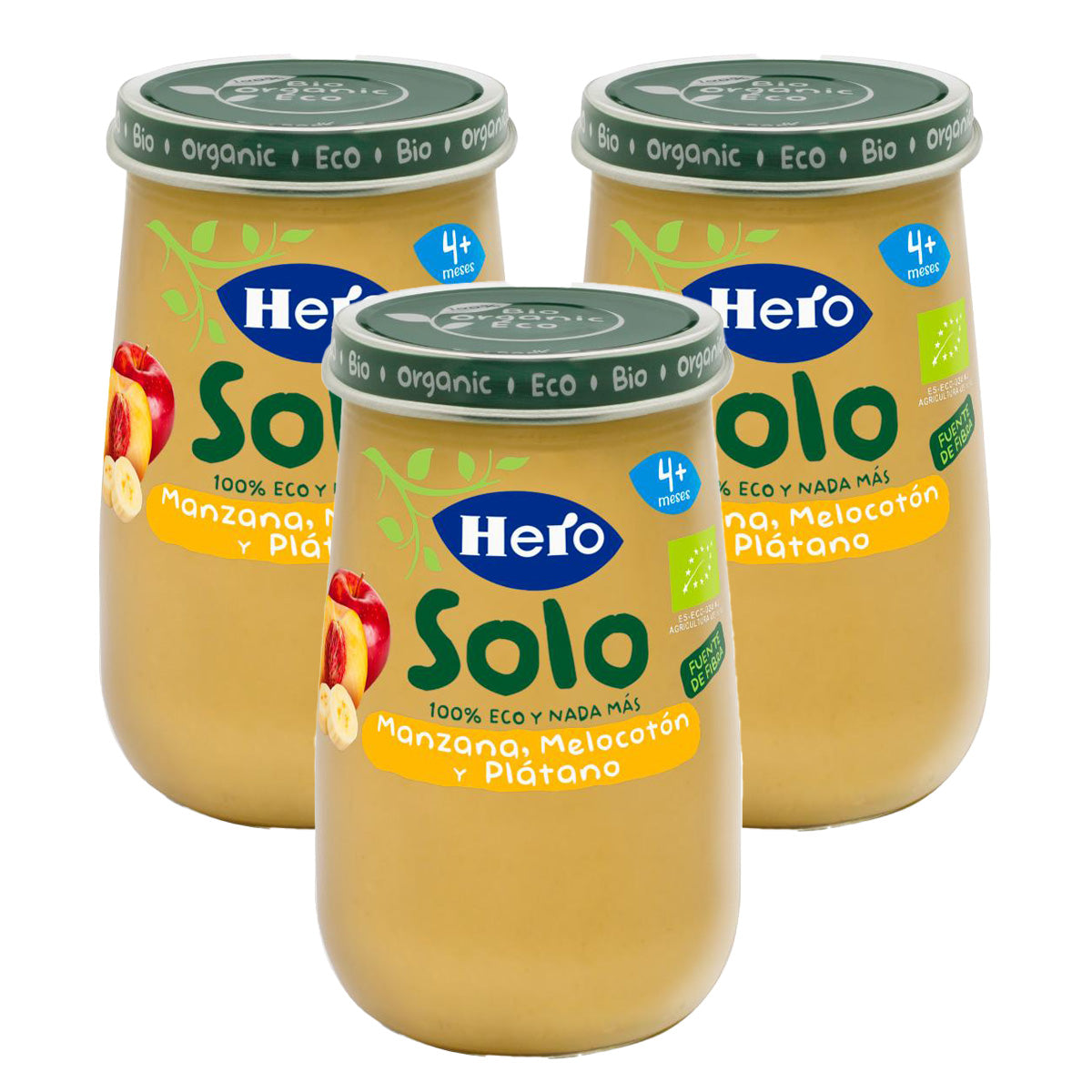 Pack 3x Tarrito de Manzana, Melocotón y Plátano Eco 190 g-Hero Baby
