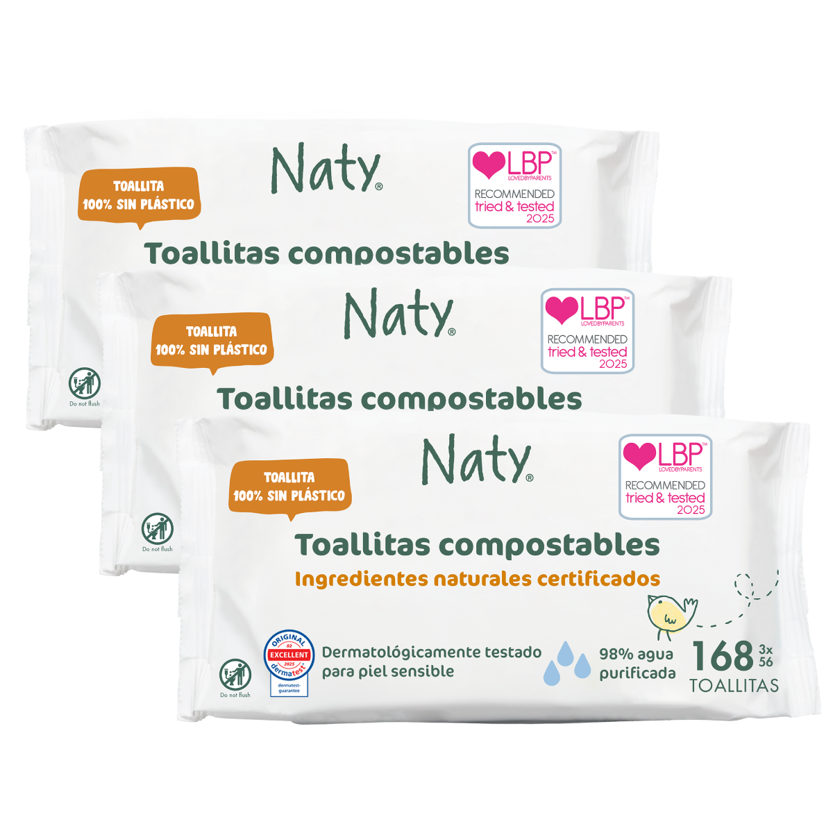 Pack of 3 Naty Compostable Wipes 3x56 pcs