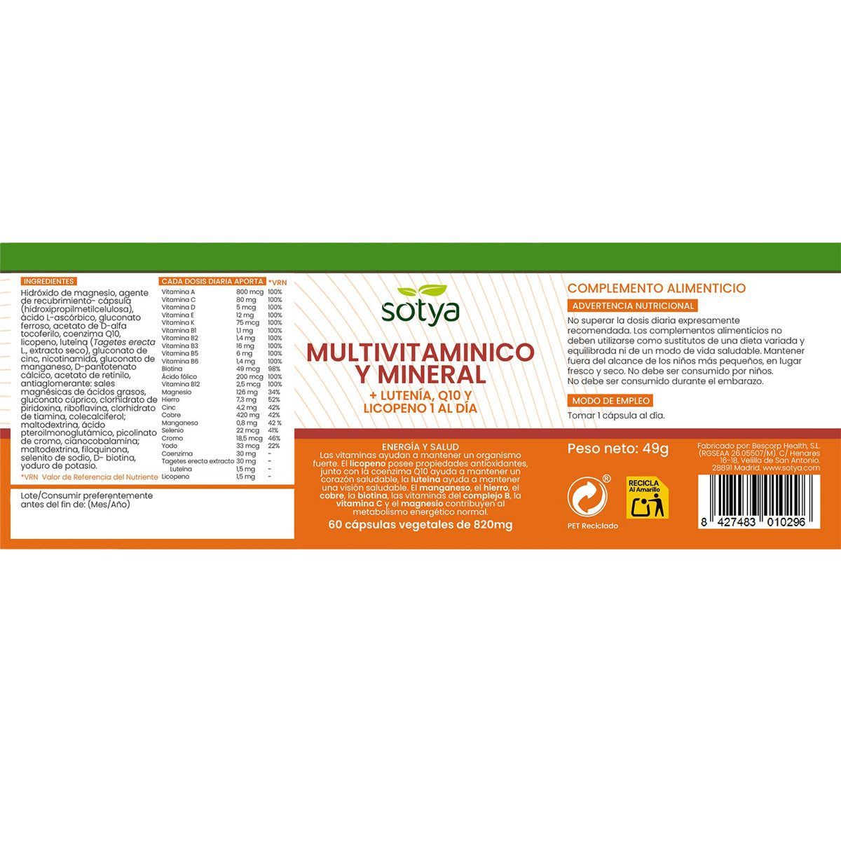 Multivitamínico Y Mineral Sotya 60 Cápsulas 820mg