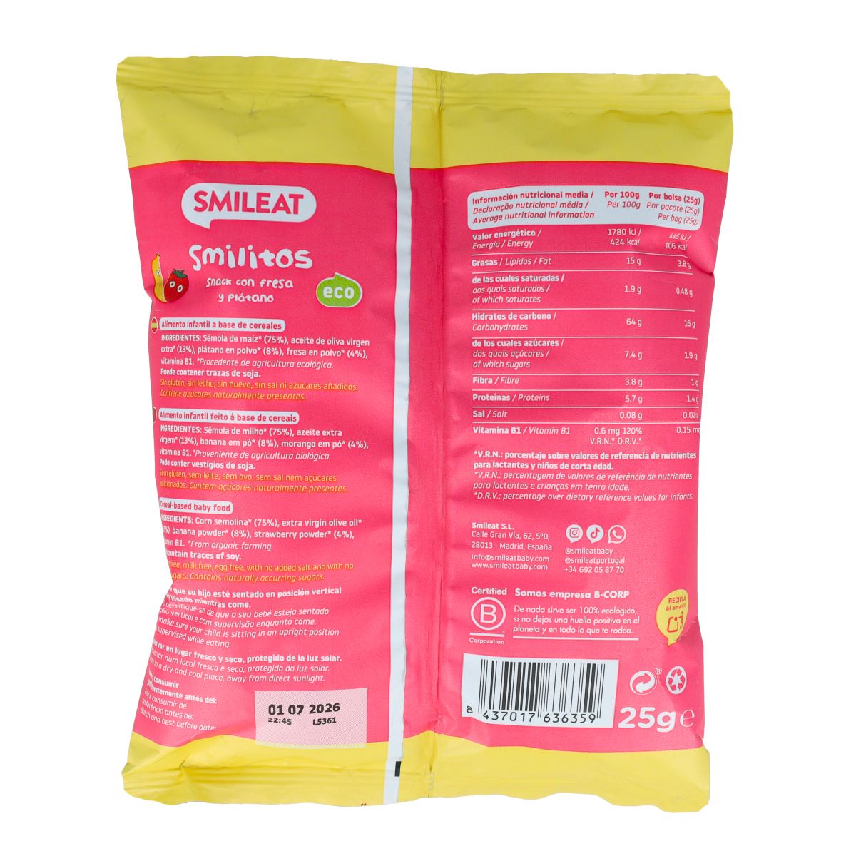Smilitos Gusanitos de Fresa y Platano ECO Smileat 25gr