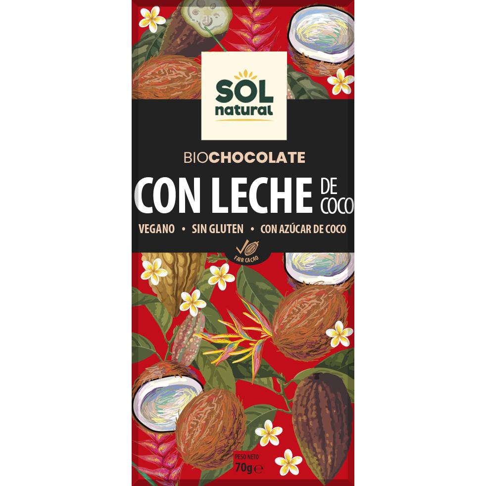 Tableta de chocolate vegano con leche de coco bio Sol Natural 70 gr