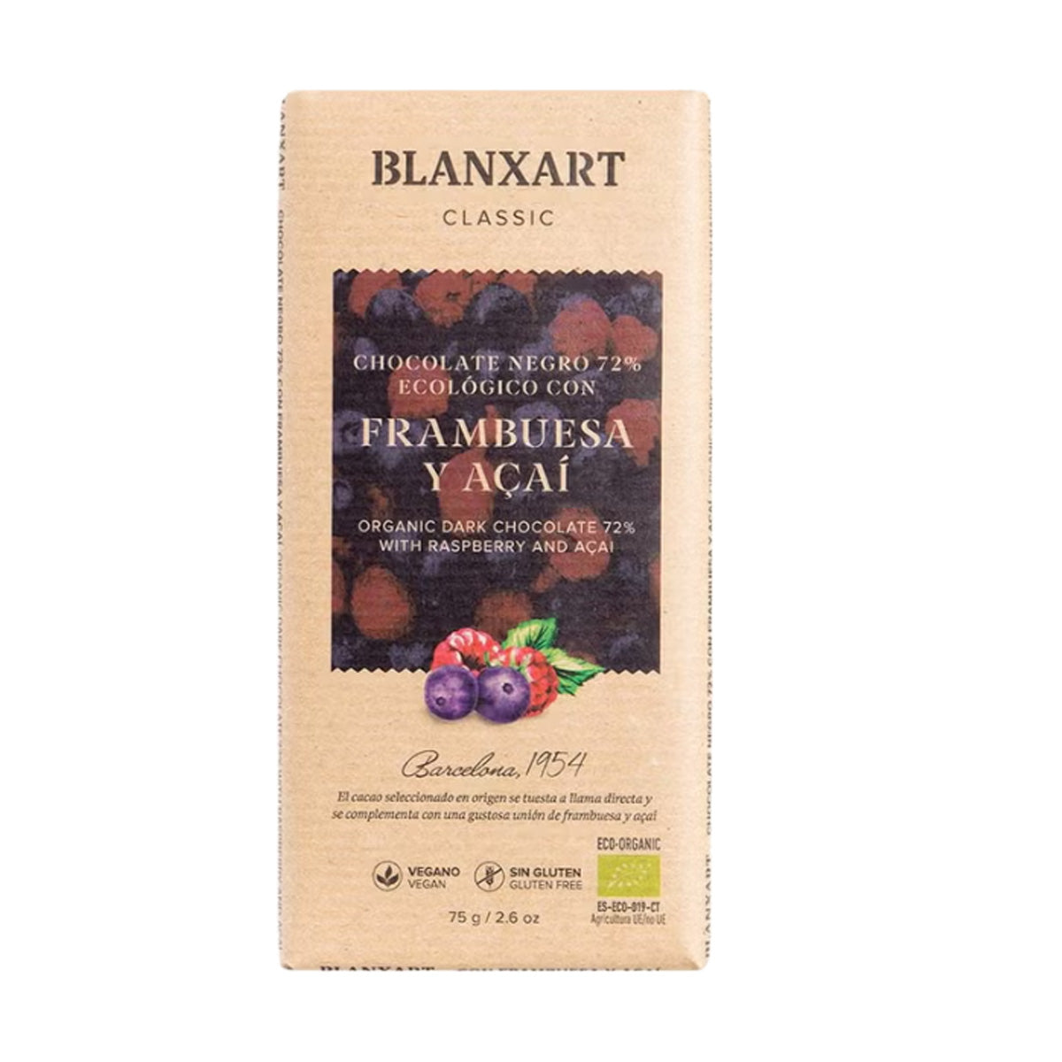 Chocolate 70% Frambuesa y Açaí Eco Vegano Sin gluten Blanxart 75g