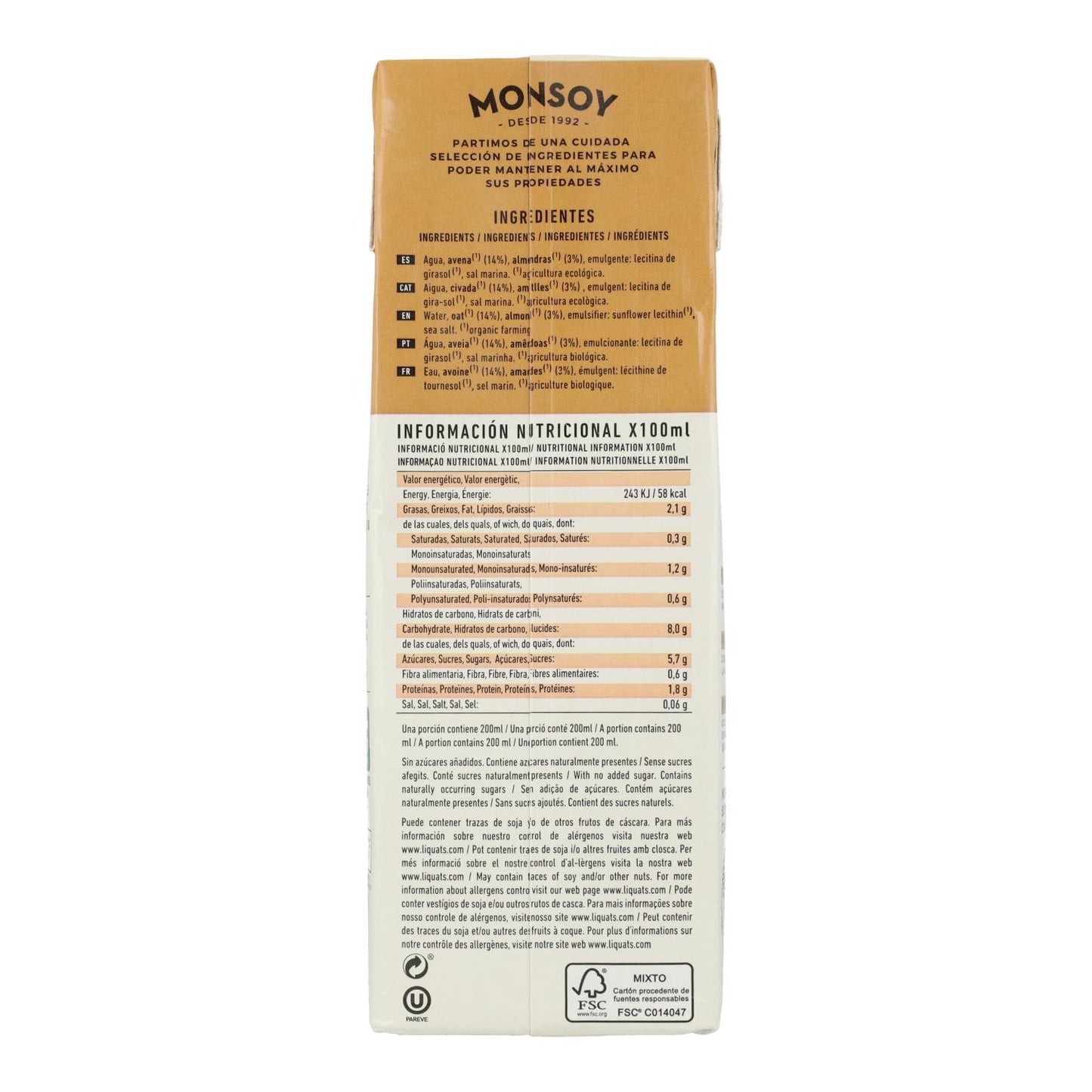 Pack 6 uds Bebida BIO de avena y almendra Monsoy 1 L
