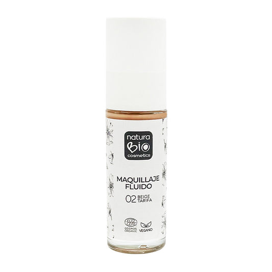 Maquillaje Fluido 02 Beige Tarifa, Acabado Impecable, Con Rosa Mosqueta y Manteca de Karité,  NaturaBio Cosmetics, 30ml