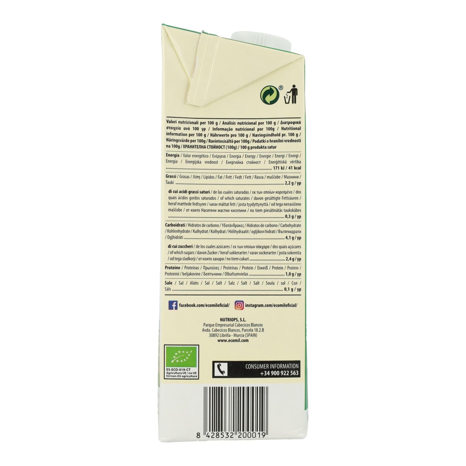 Pack 6 uds Bebida Vegetal de Almendra endulzada con Ágave BIO EcoMil 1L