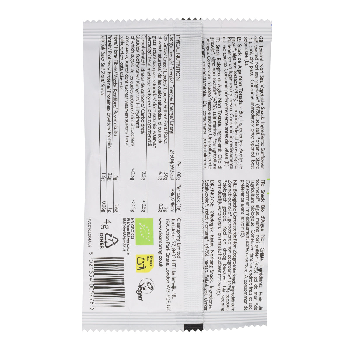 Clearspring Organic Toasted Nori Seaweed Snack 4 g