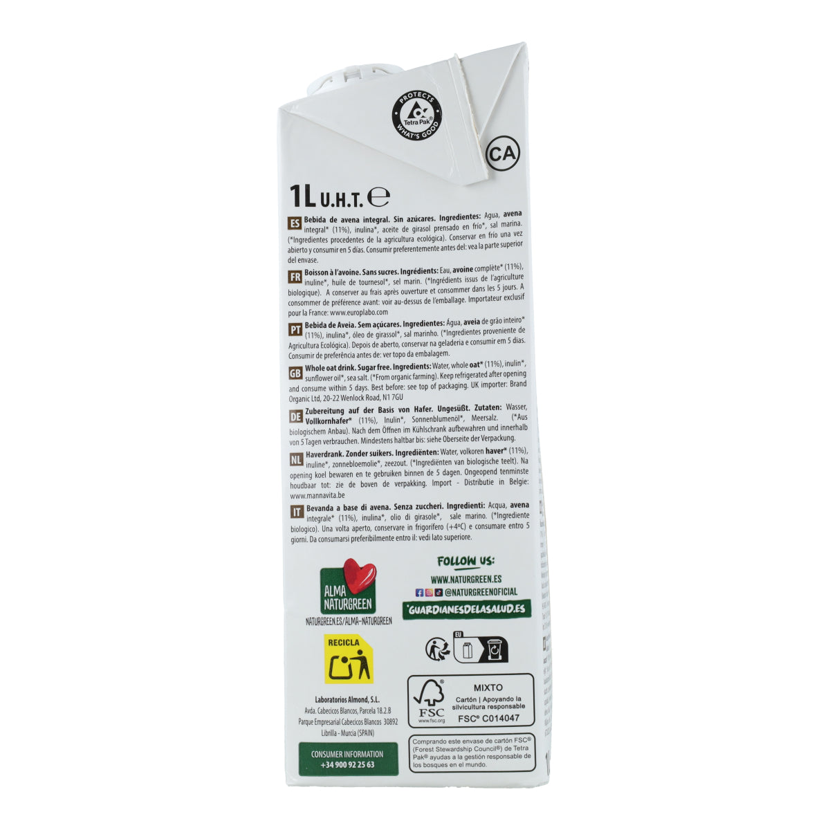 NaturGreen Organic Wholemeal Oat Drink 0% Sugar 1 L