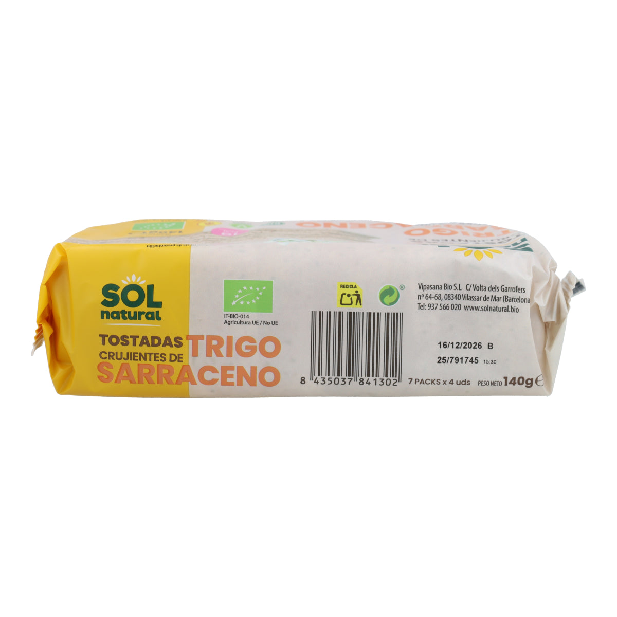 Sol Natural gluten-free buckwheat toast 140 g organic