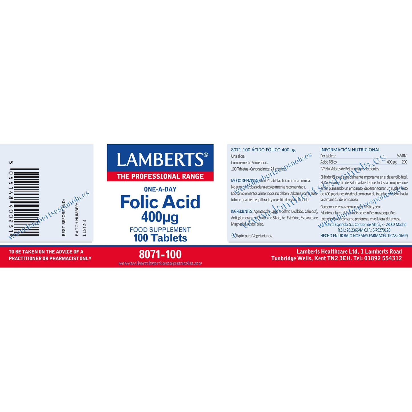 Ácido Fólico 100 tabletas de 400 μg, Lamberts