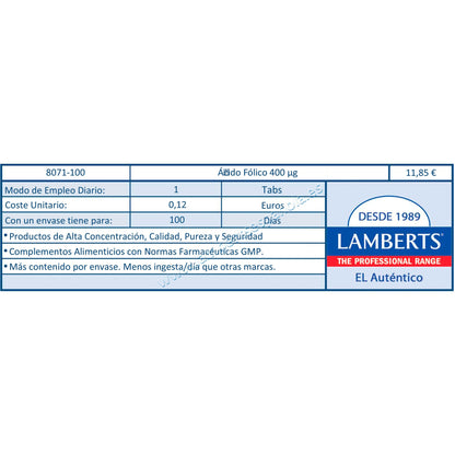 Ácido Fólico 100 tabletas de 400 μg, Lamberts