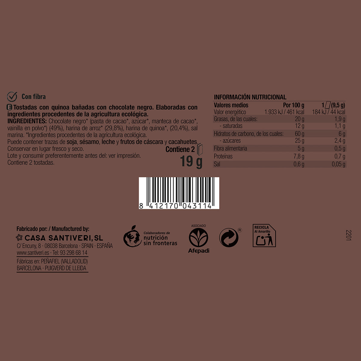 Crunchy toast with quinoa and organic dark chocolate 3x57 g