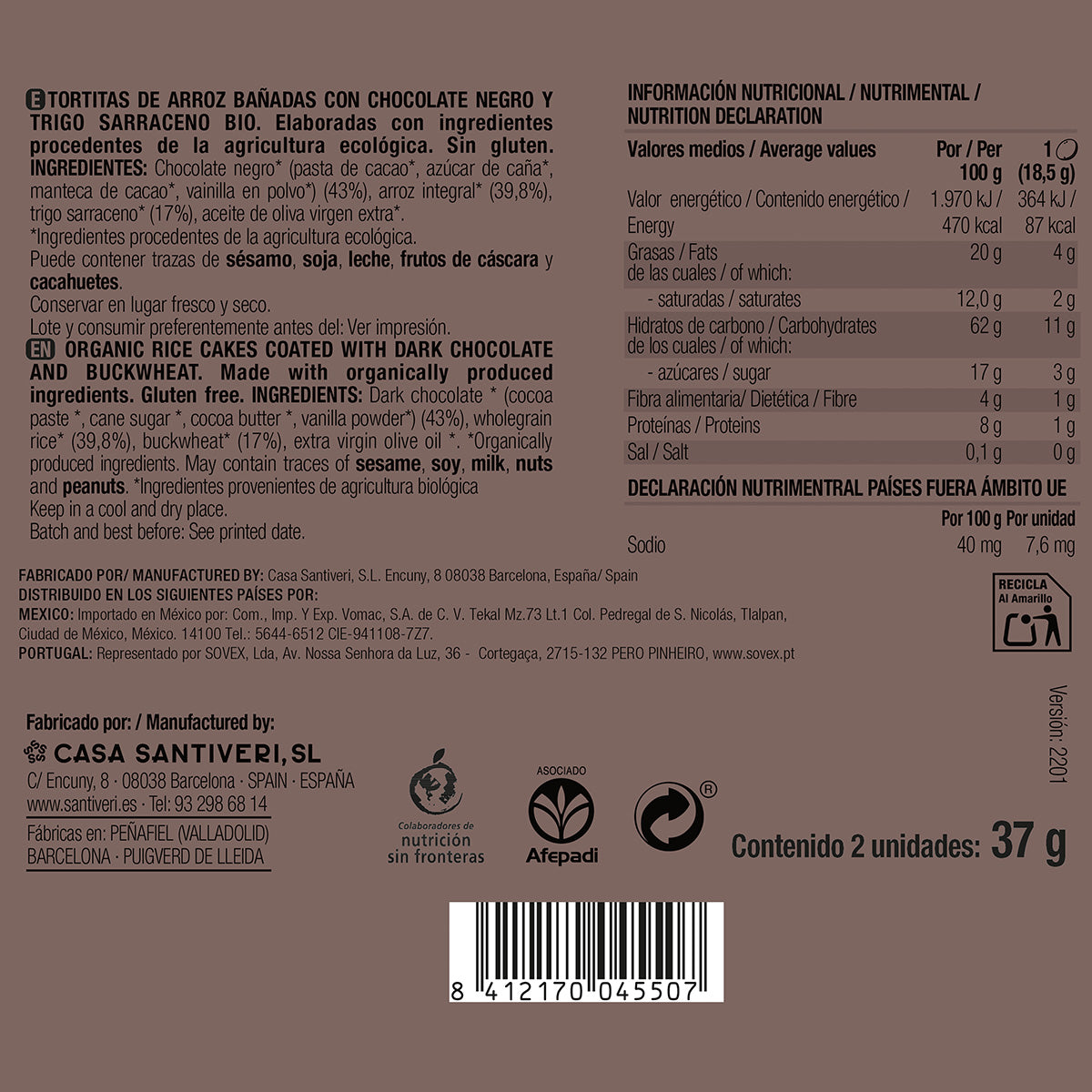 Organic Rice and Buckwheat Cakes with Dark Chocolate 3x37 g