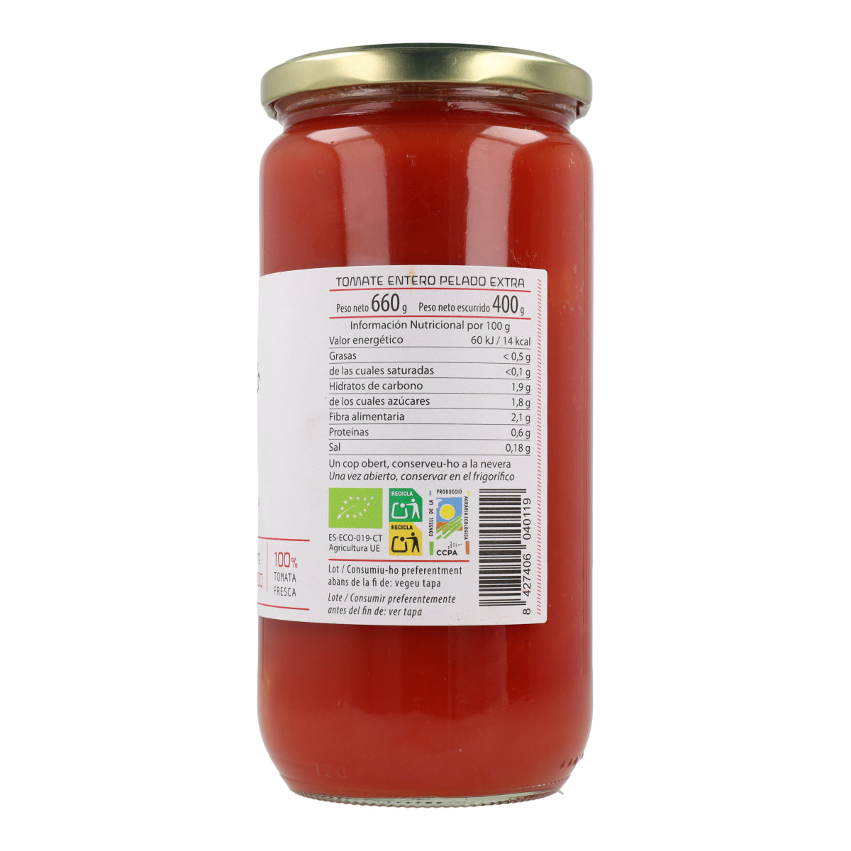 Cal Valls organic whole peeled tomatoes 660 g