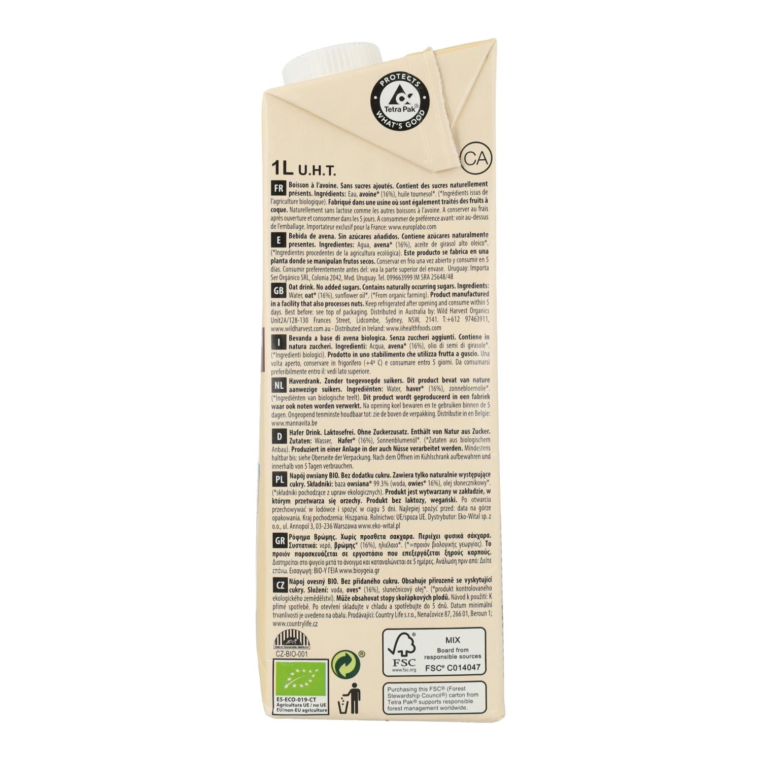 Bebida Vegetal de Avena Bio Sin azúcares añadidos Ecomil 1 L
