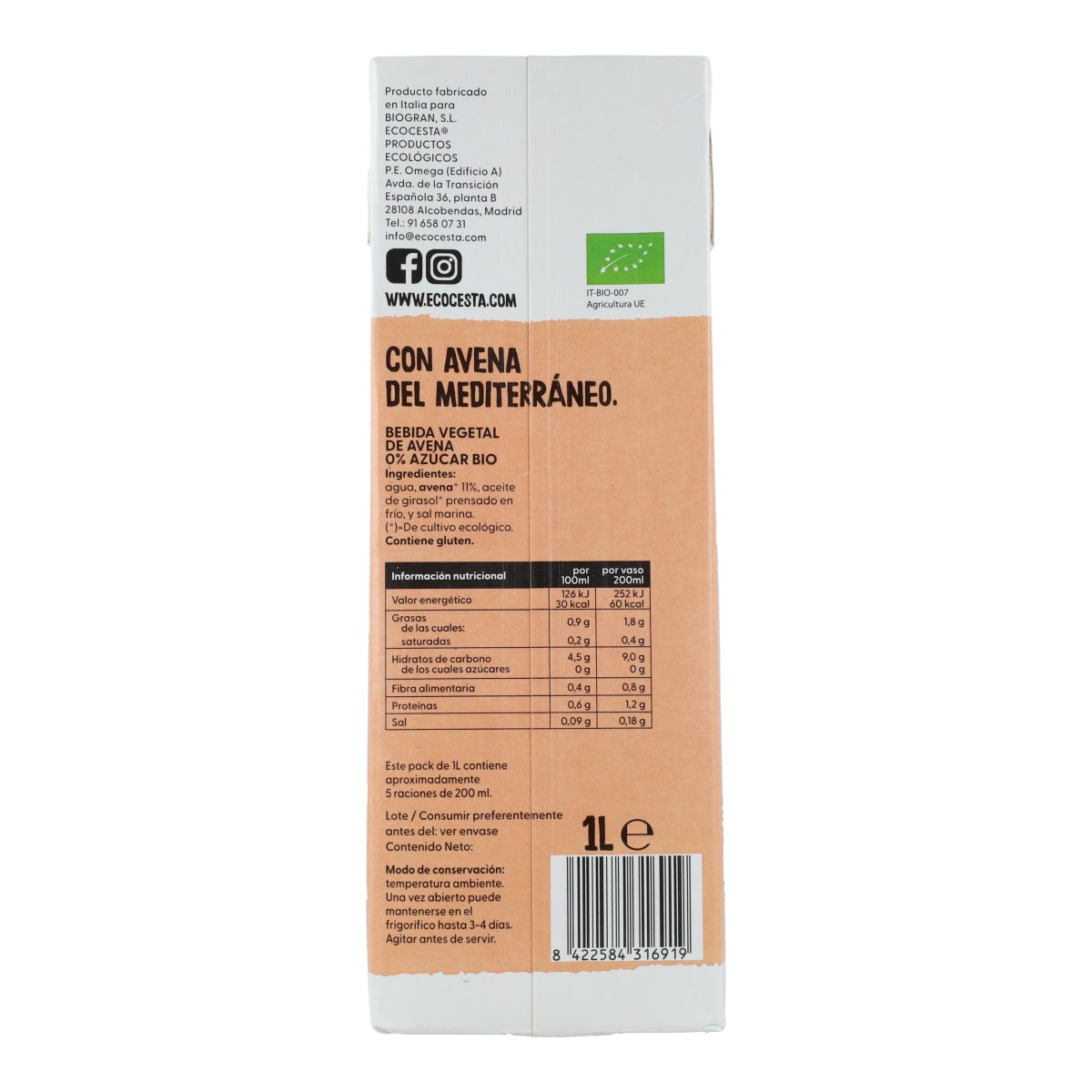 Bio Ecocesta 0% Sugar Organic Oat Drink 1L