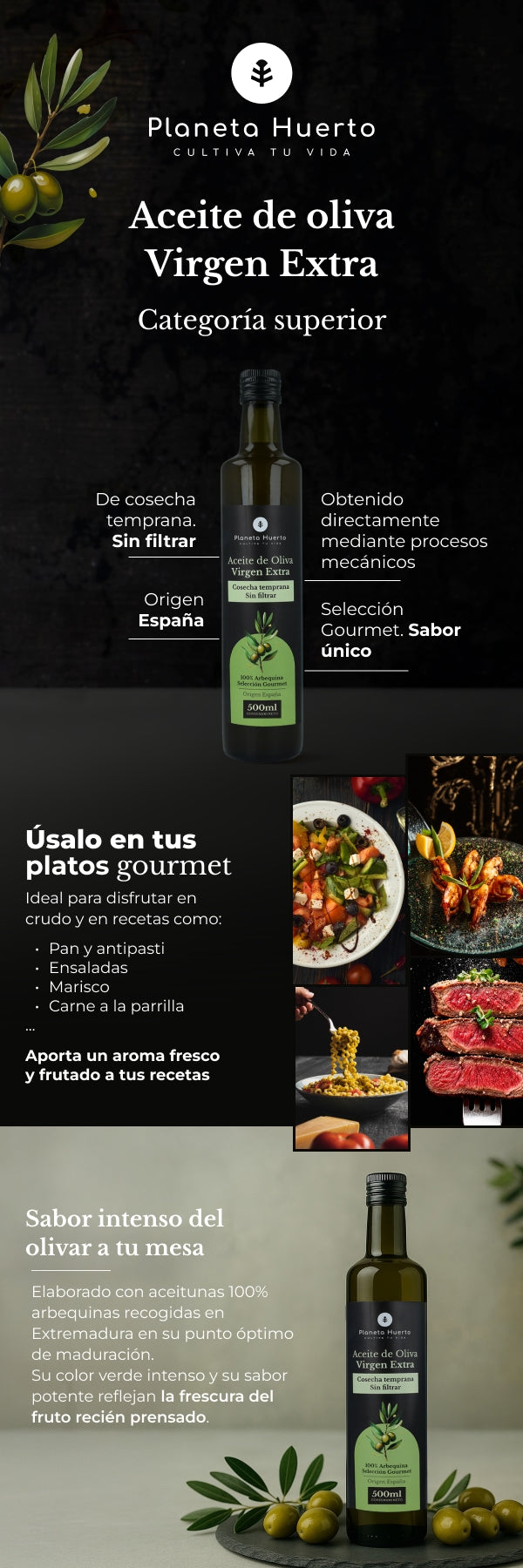 Unfiltered green early harvest Extra Virgin Olive Oil Planeta Huerto 500 mL