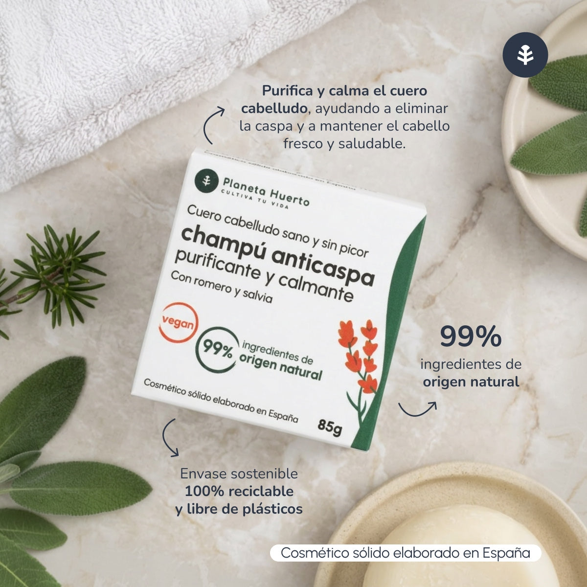 Solid Anti-Dandruff Shampoo with Rosemary and Sage Planeta Huerto 85 g