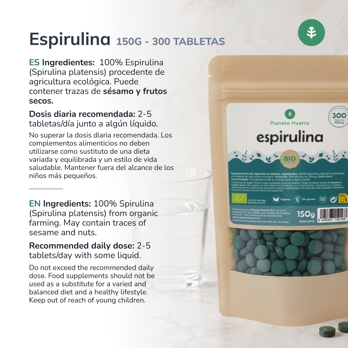 Organic Spirulina 500mg Planet Orchard 300 tablets
