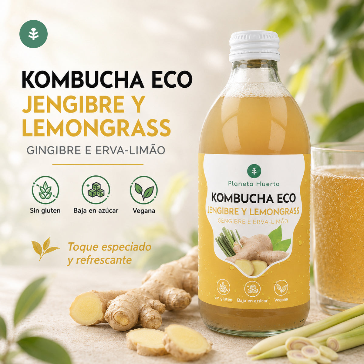 Kombucha ECO Ginger and lemongrass Planeta Huerto 330 ml