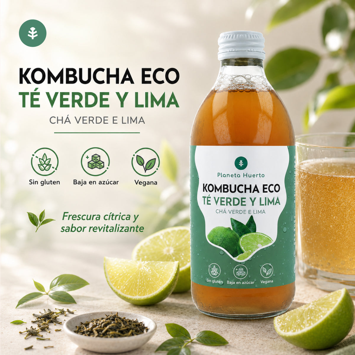 Kombucha ECO green tea and lime Planeta Huerto 330 ml