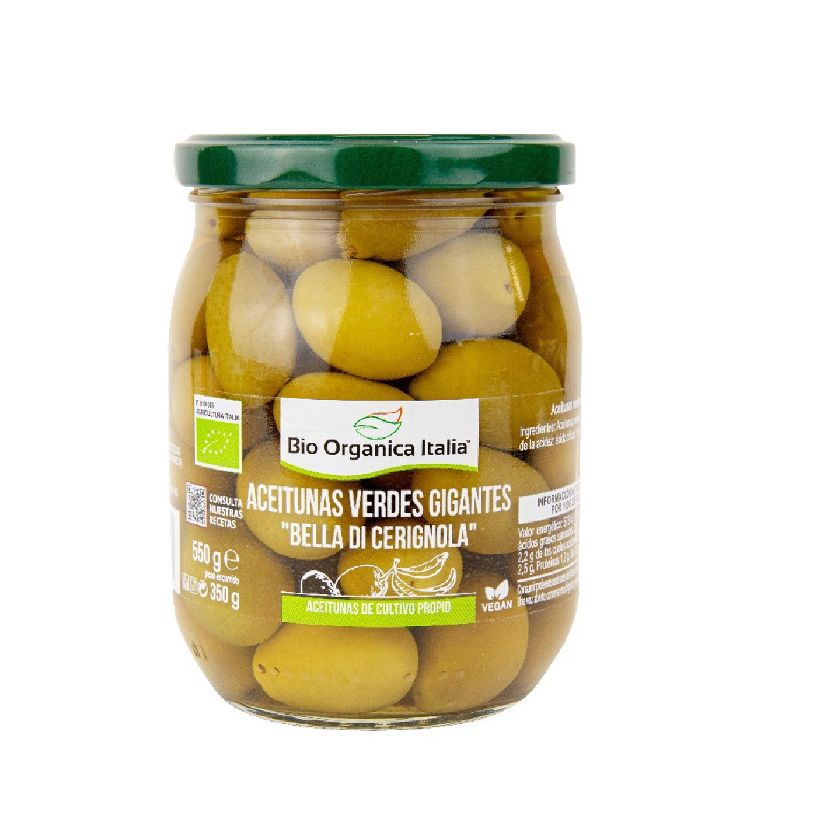 Organic Giant Green Olives, Italy 550 g