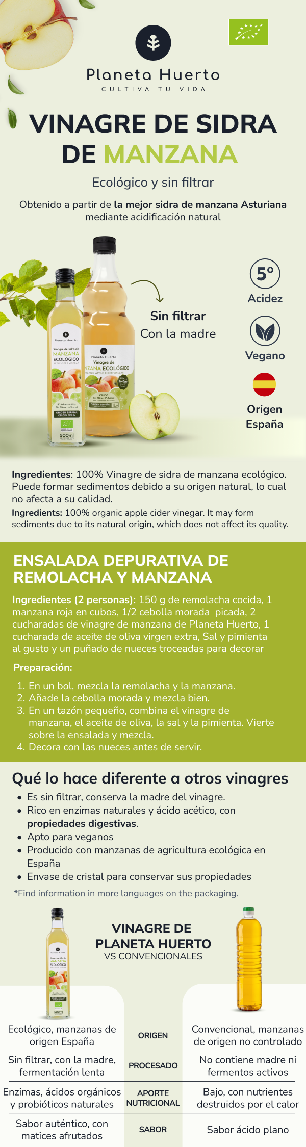 Unfiltered raw organic apple cider vinegar with the mother Planeta Huerto 1L
