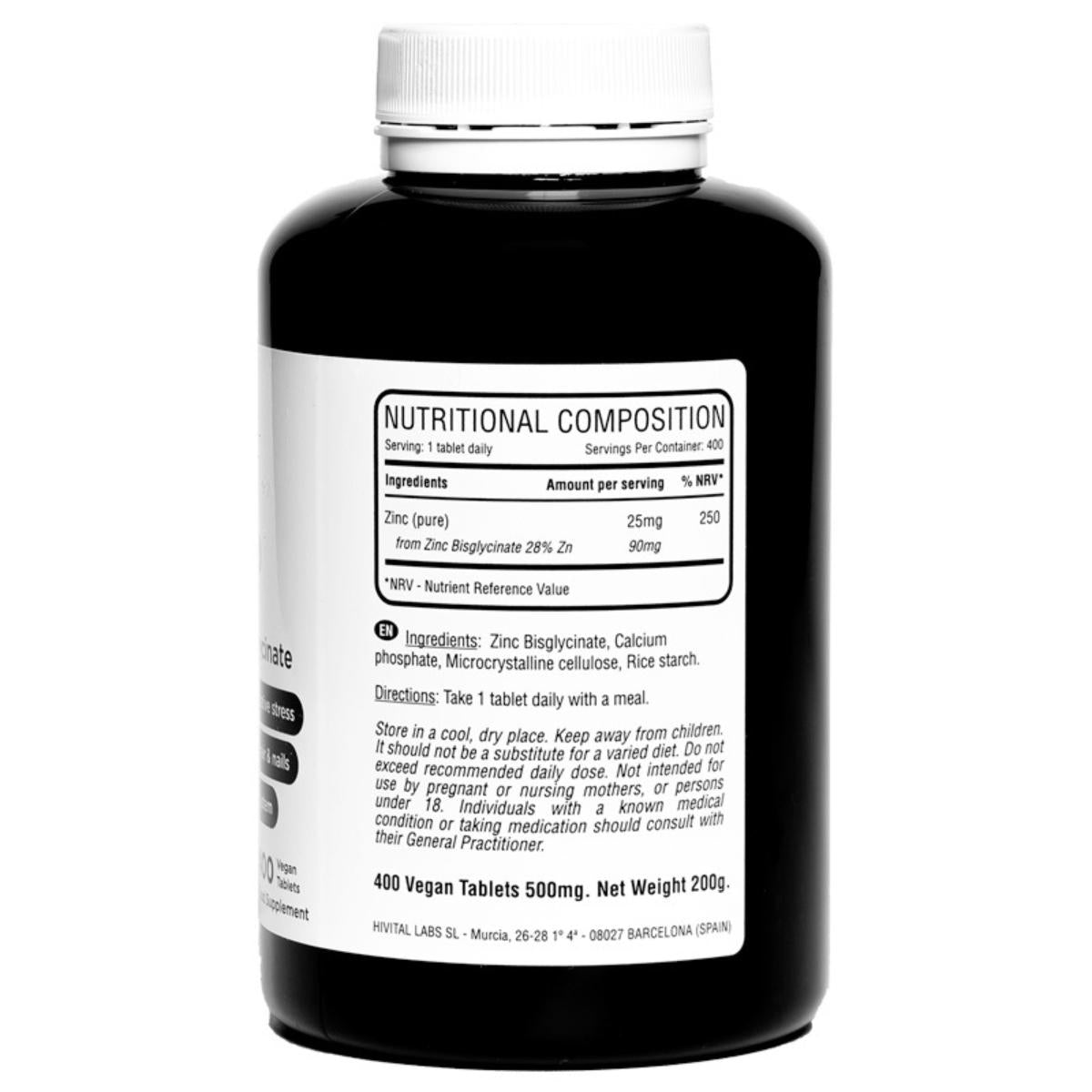 Zinc 25 mg Bisglicinato 400 comprimidos veganos Hivital