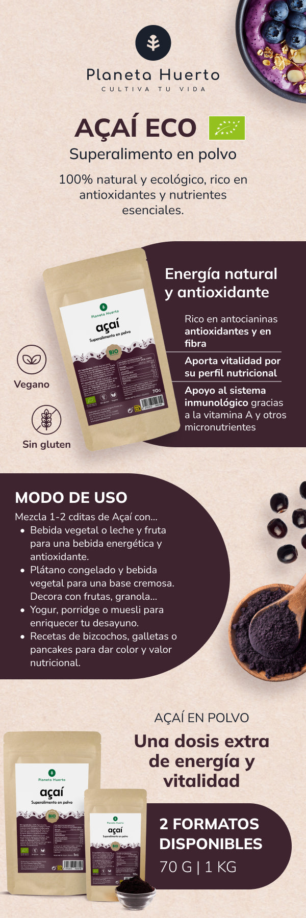 Açaí powder ECO Planeta Huerto 70 gr