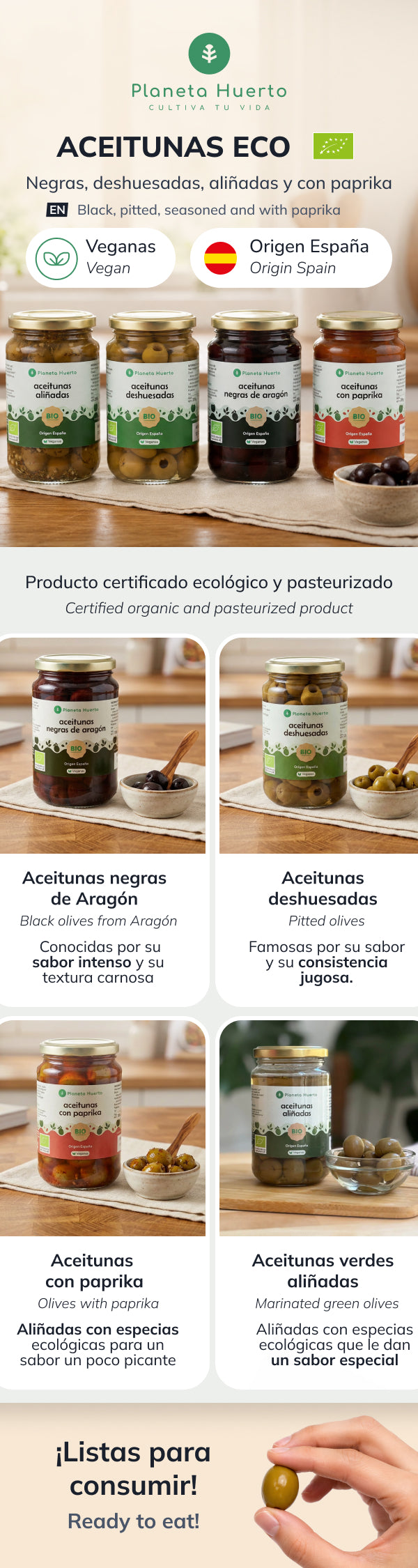 Green olives seasoned Eco Planeta Huerto 390g