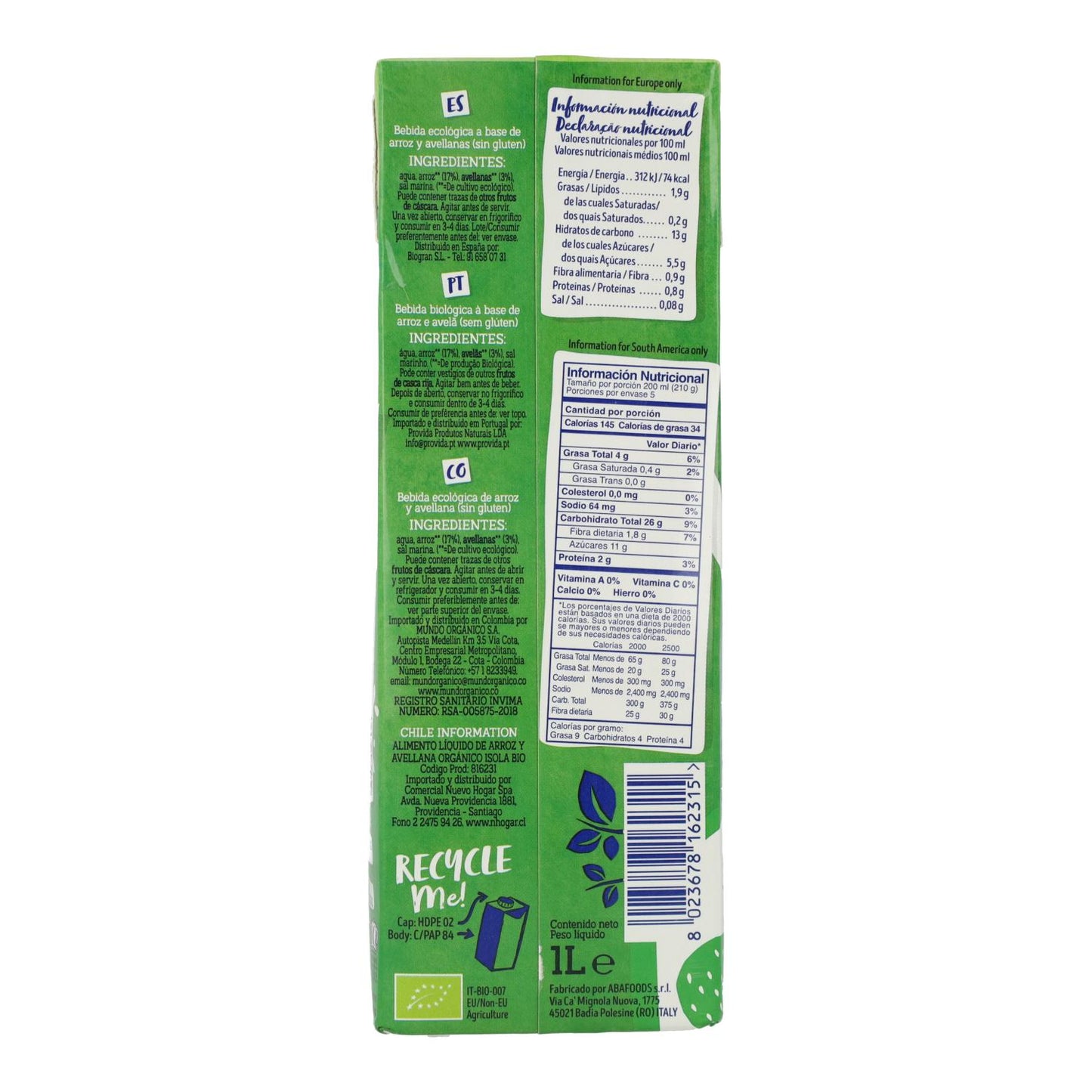 Bebida BIO Arroz y Avellana, Isola Bio, 1 L