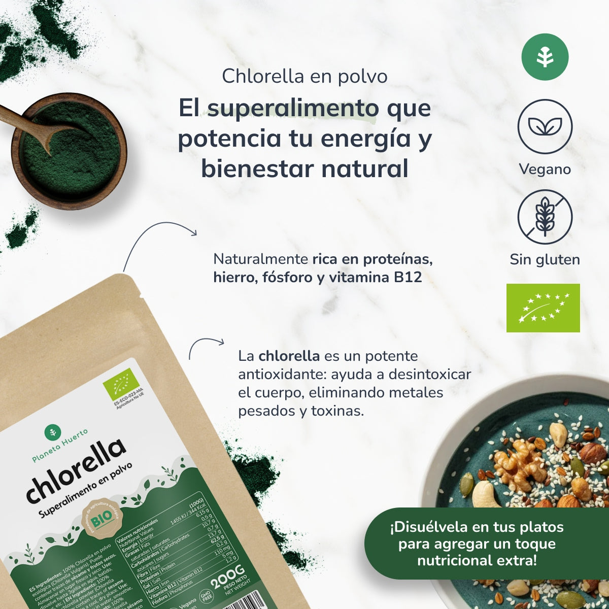 Chlorella seaweed powder ECO Planeta Huerto 200 g