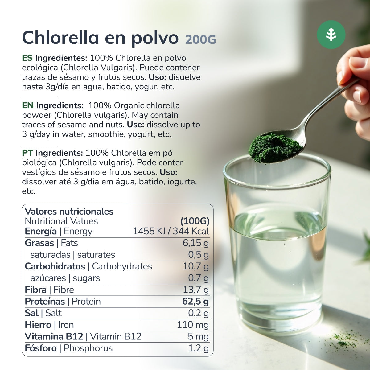 Chlorella seaweed powder ECO Planeta Huerto 200 g