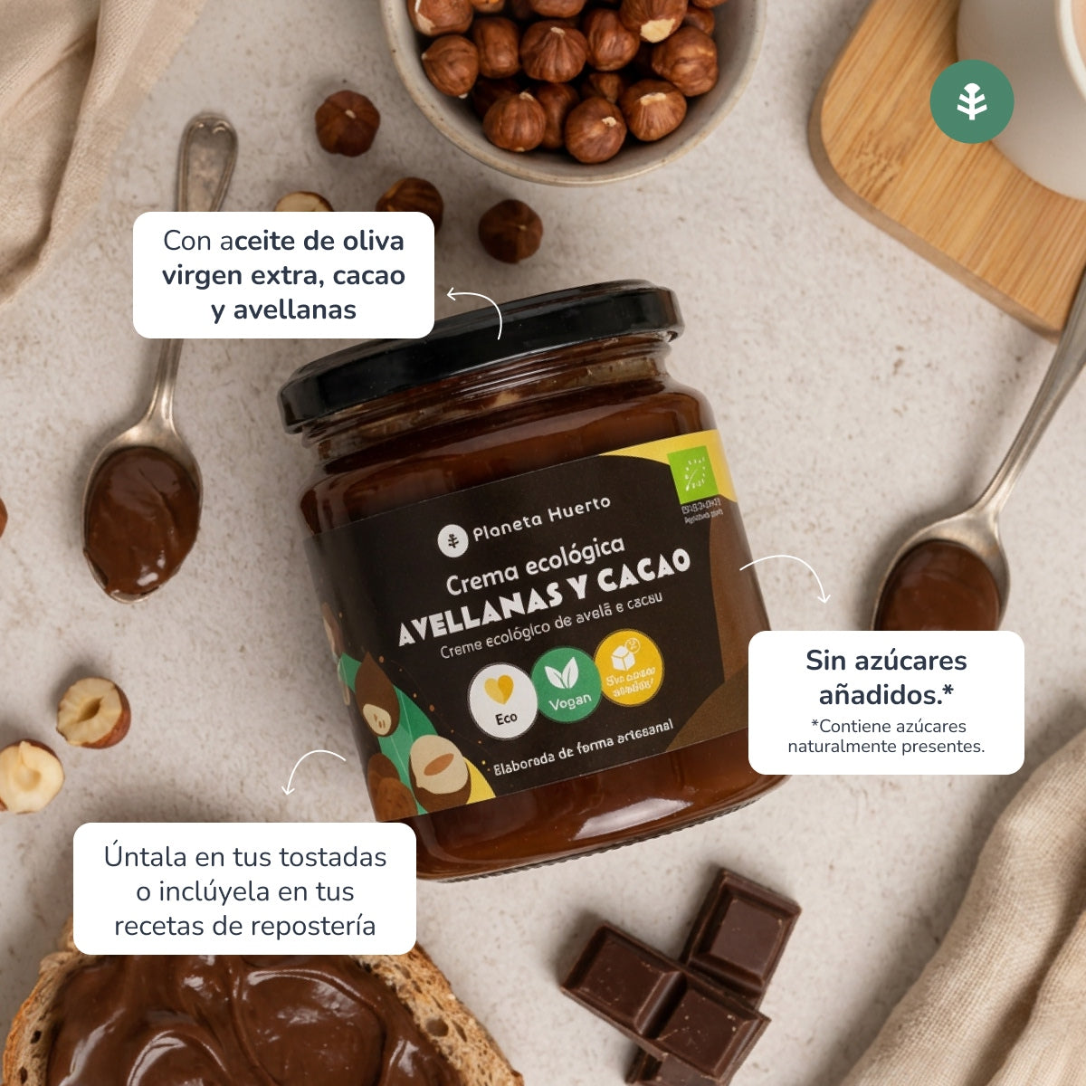 Hazelnut and cocoa cream with no added sugars ECO Planeta Huerto 230 g
