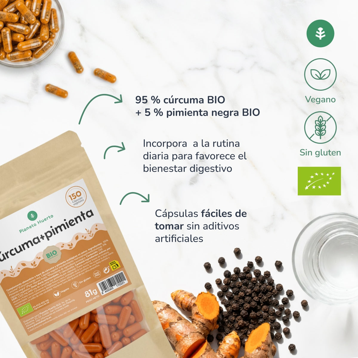 Organic Turmeric + Organic Pepper Planeta Huerto 150 capsules