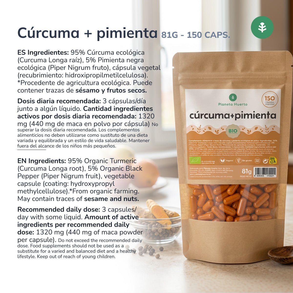 Organic Turmeric + Organic Pepper Planeta Huerto 150 capsules