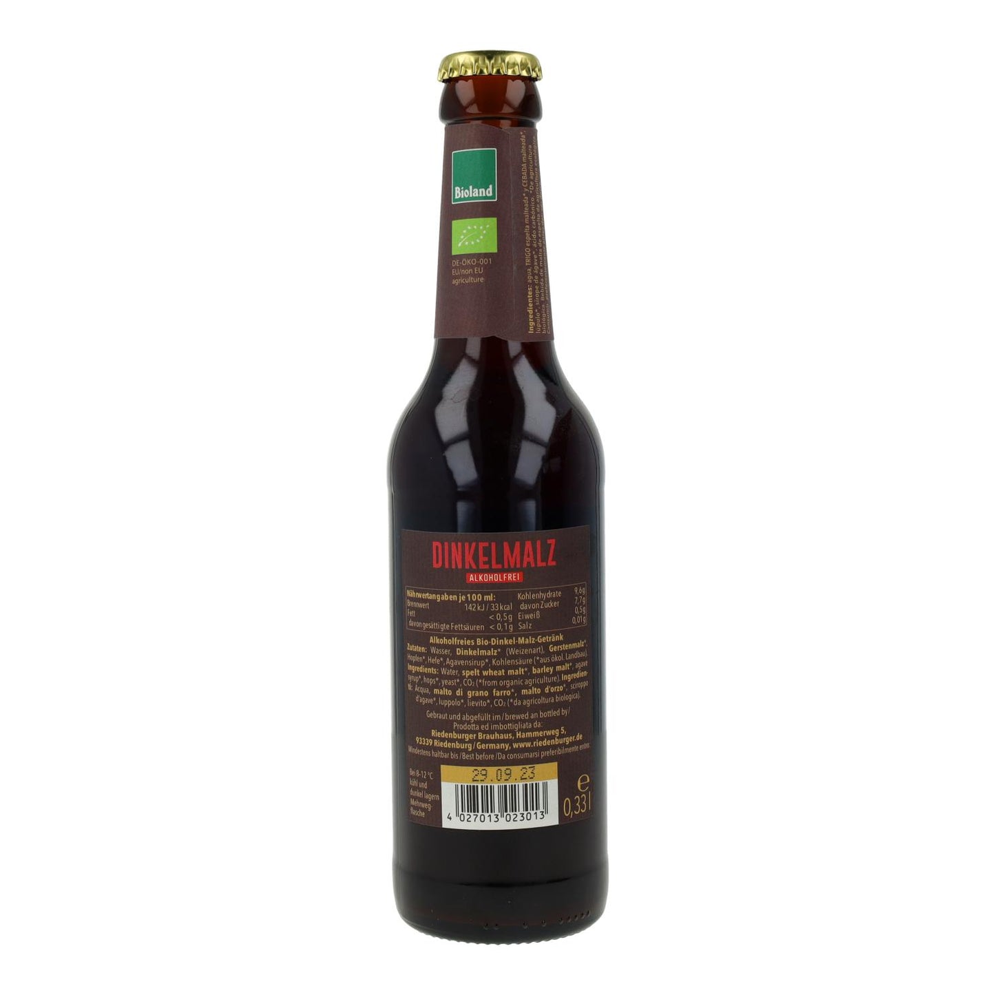 Cerveza Malta de Trigo de Espelta sin alcohol bio Riedenburger 33cl