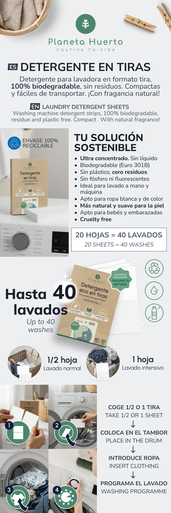 Planeta Huerto eco-friendly detergent and fabric softener strips, 40 washes