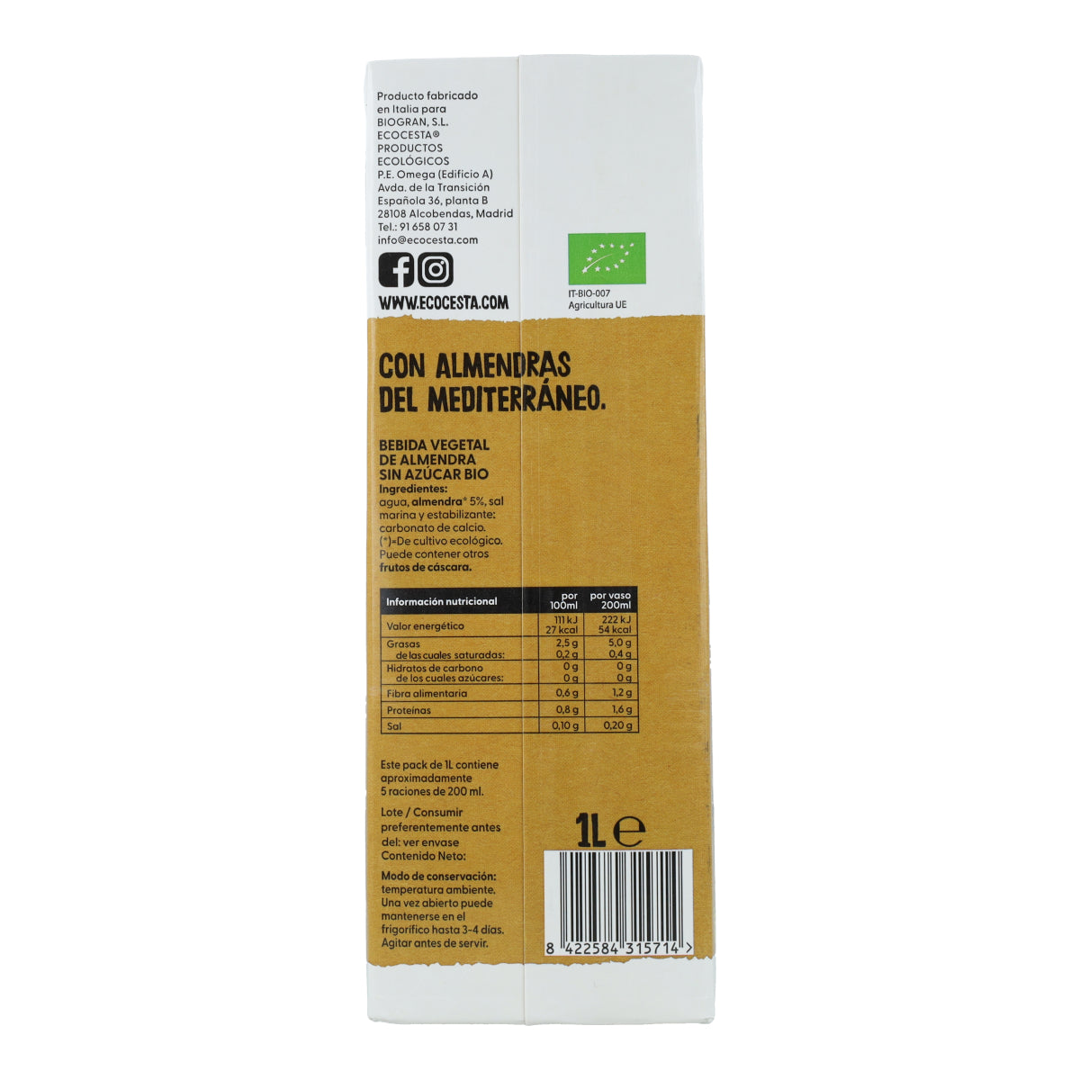 Organic Almond Drink 0% Sugar, 1L Ecocesta