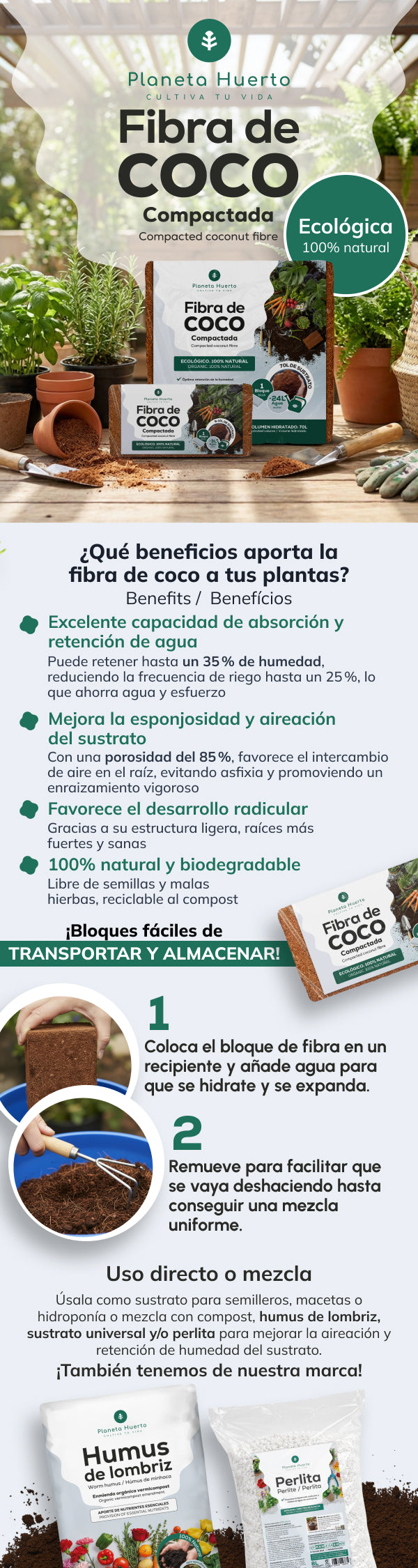 Pack 3x Sustrato Fibra de Coco Planeta Huerto 70 Litros