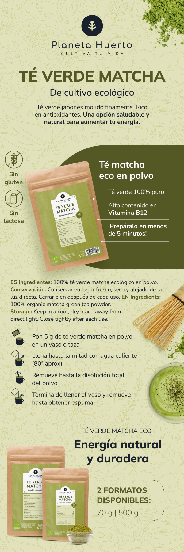 Matcha Tea Powder ECO Planeta Huerto 70 g